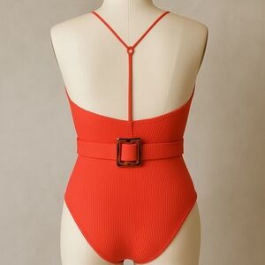 Miss Adola Ribbed T-back One Piece Orange/Red Lower Back Belt Cinch Vneck Size M